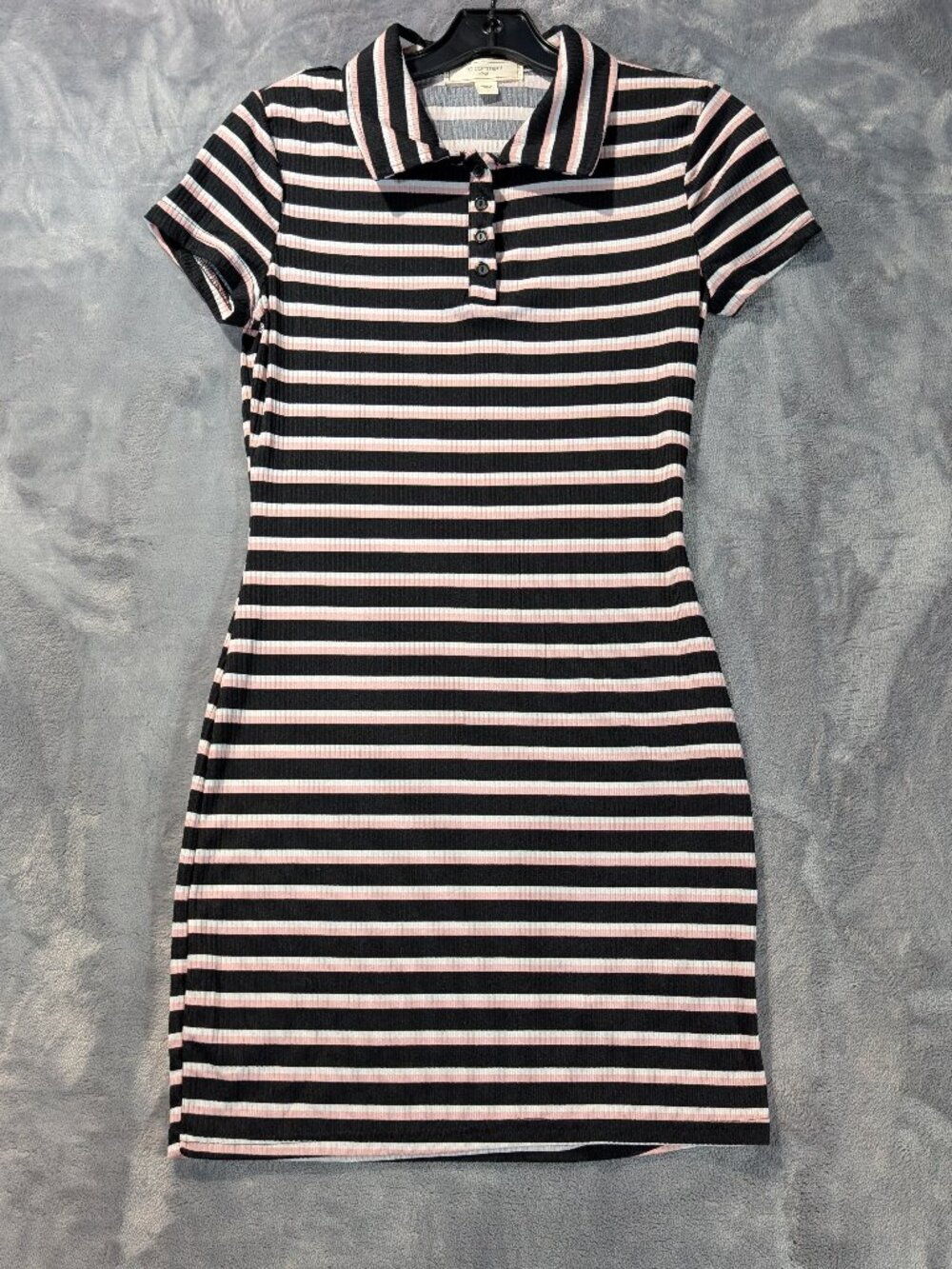 No Comment Black & Baby Pink Striped Ribbed Knit Polo Bodycon Mini Dress L